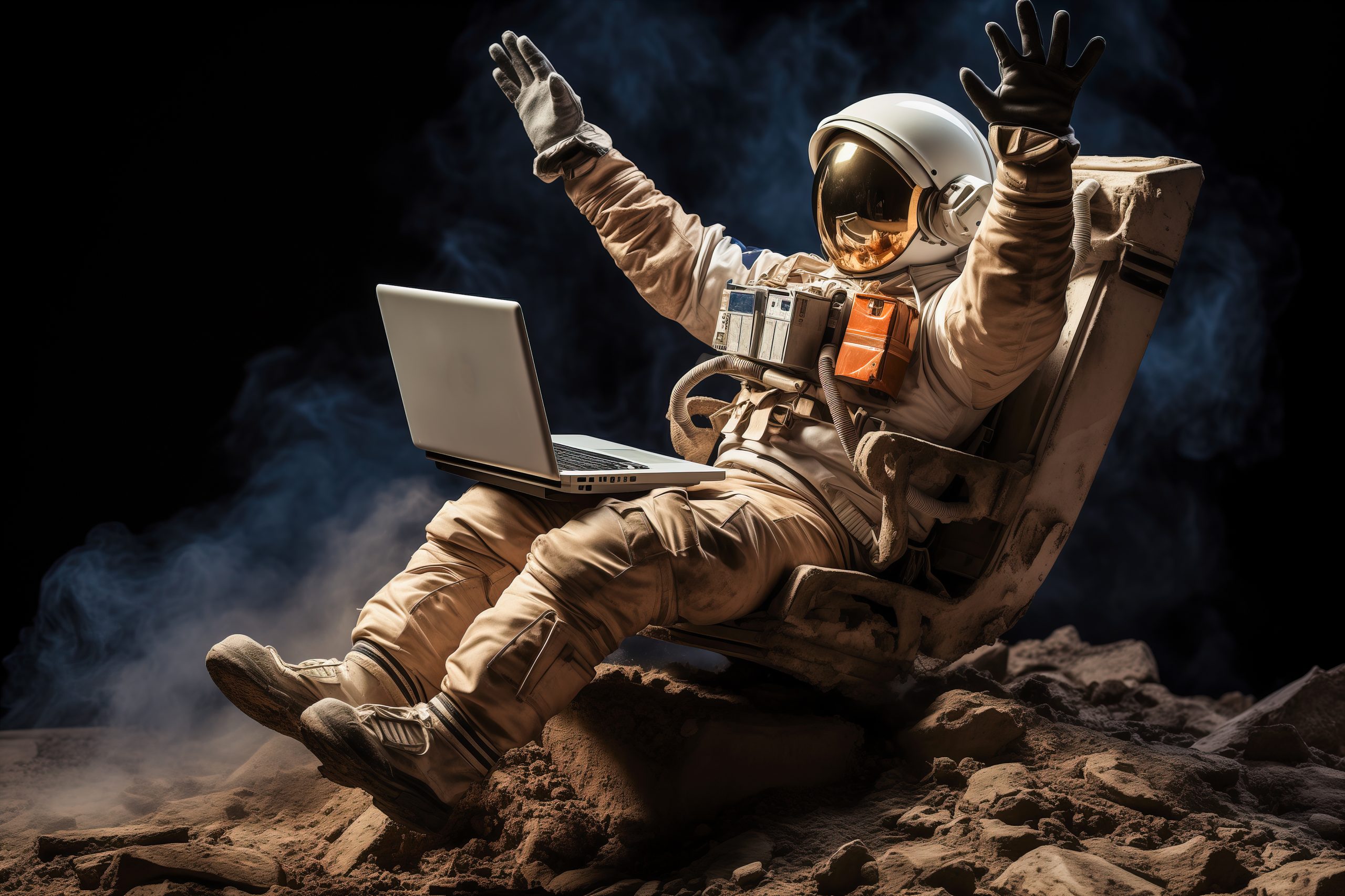 An astronaut with a laptop sits and works.